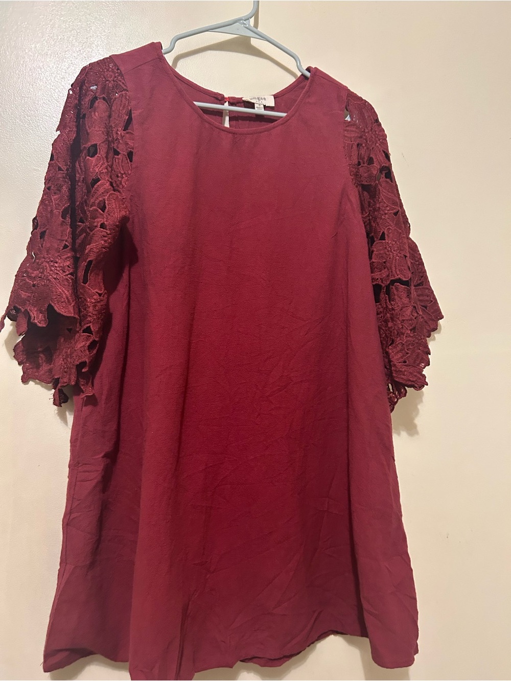 Umgee Wine Lace-Sleeve Mini Dress Sz S Cotton